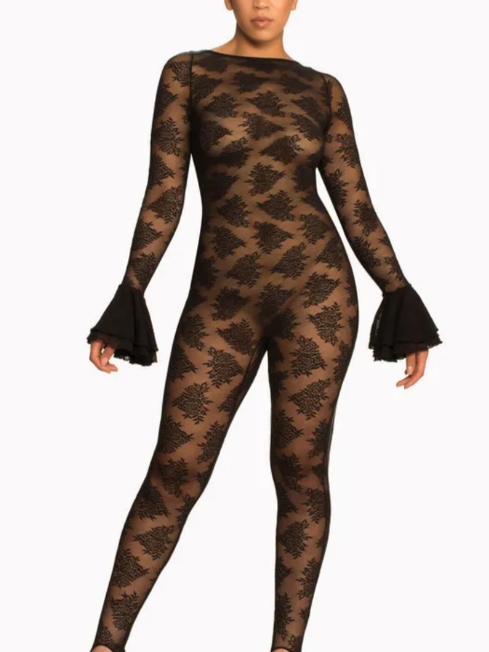 Savage X Fenty Black Sheer Floral Lace Long-Sleeve Bodysuit
